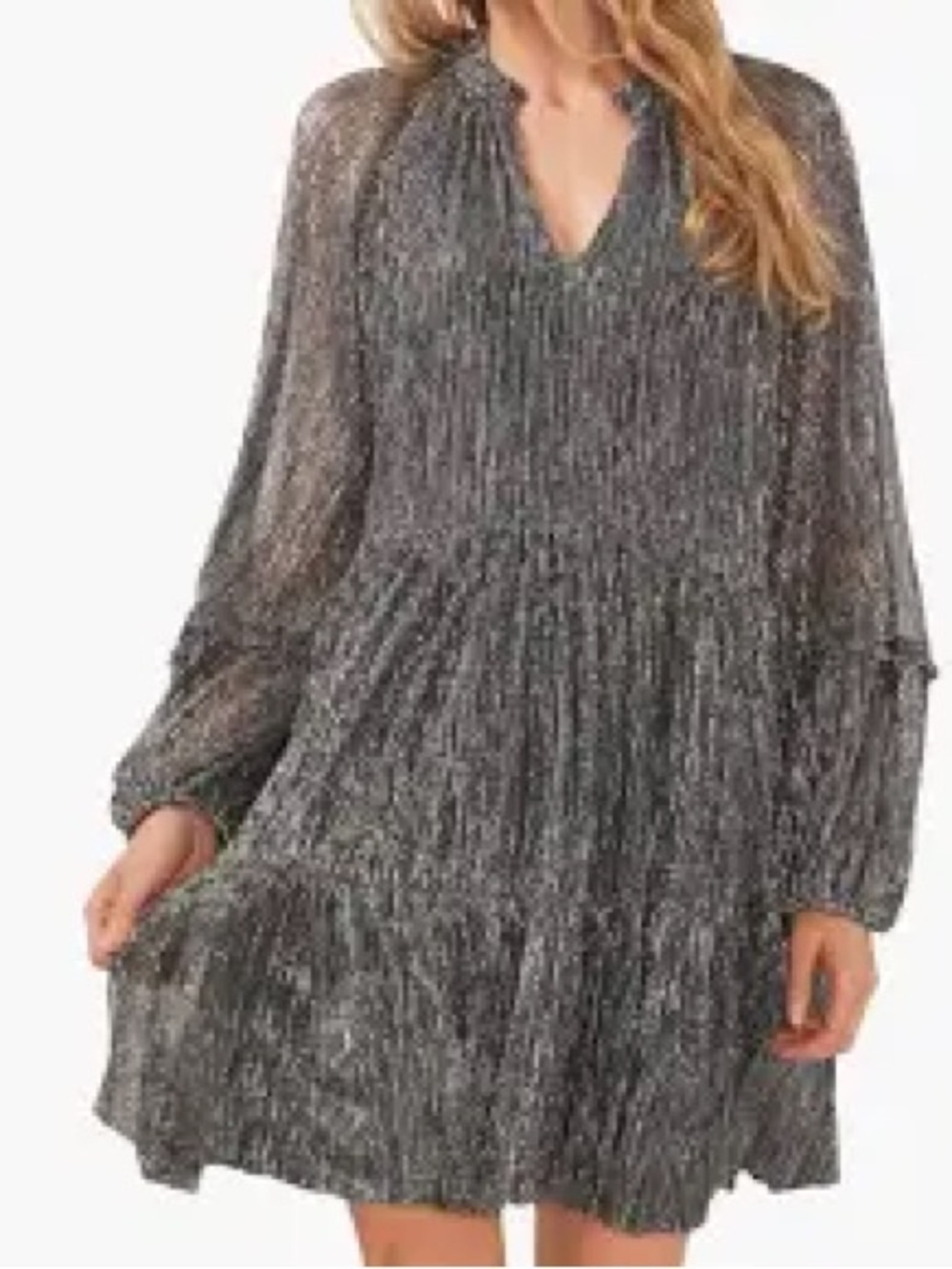 1. State Black Sheer Long Sleeve V-Neck Pleated Dress